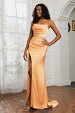 Straight Across Strapless Satin Sheath Formal Evening Dresses with Slit Prom Party Gowns