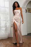 Straight Across Strapless Satin Sheath Formal Evening Dresses with Slit Prom Party Gowns