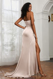 Straight Across Strapless Satin Sheath Formal Evening Dresses with Slit Prom Party Gowns