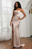Straight Across Strapless Satin Sheath Formal Evening Dresses with Slit Prom Party Gowns
