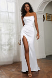 Straight Across Strapless Satin Sheath Formal Evening Dresses with Slit Prom Party Gowns