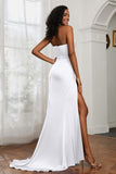 Straight Across Strapless Satin Sheath Formal Evening Dresses with Slit Prom Party Gowns