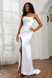 Straight Across Strapless Satin Sheath Formal Evening Dresses with Slit Prom Party Gowns