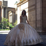 Sweetheart Embroidery Satin  Champagne Quinceanera Dresses Lace Ball Gowns