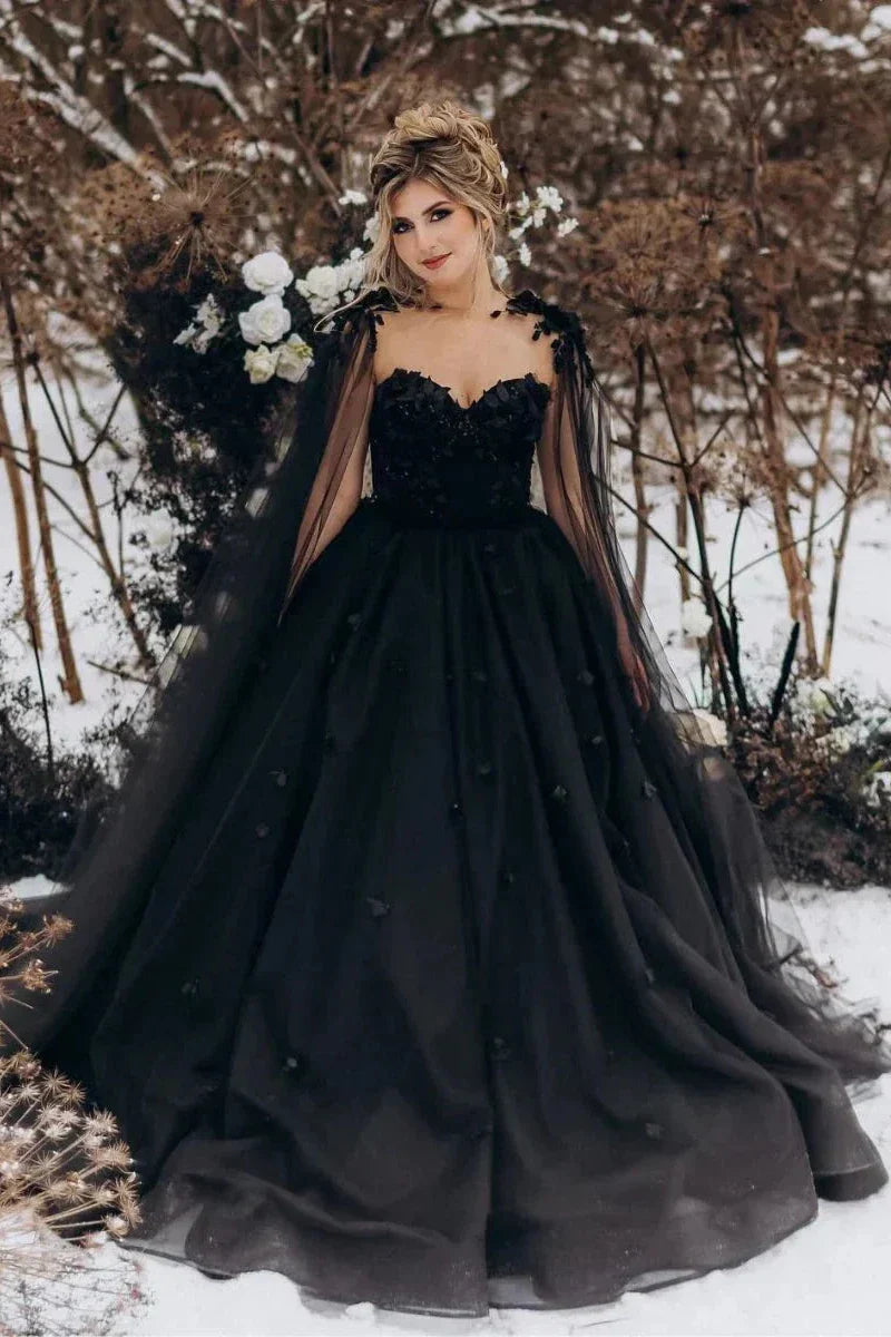 Gown Black Gothic Wedding Dress 3D Flowers Tulle With Cape