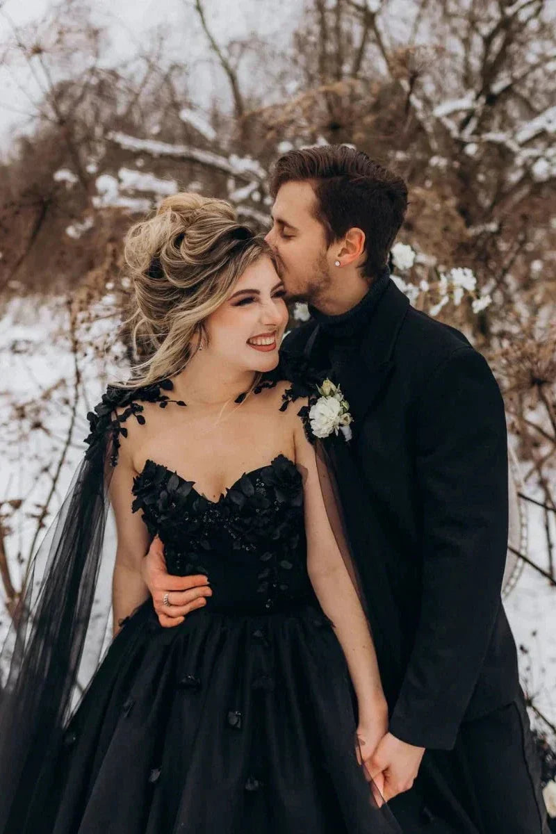Gown Black Gothic Wedding Dress 3D Flowers Tulle With Cape