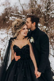 Gown Black Gothic Wedding Dress 3D Flowers Tulle With Cape