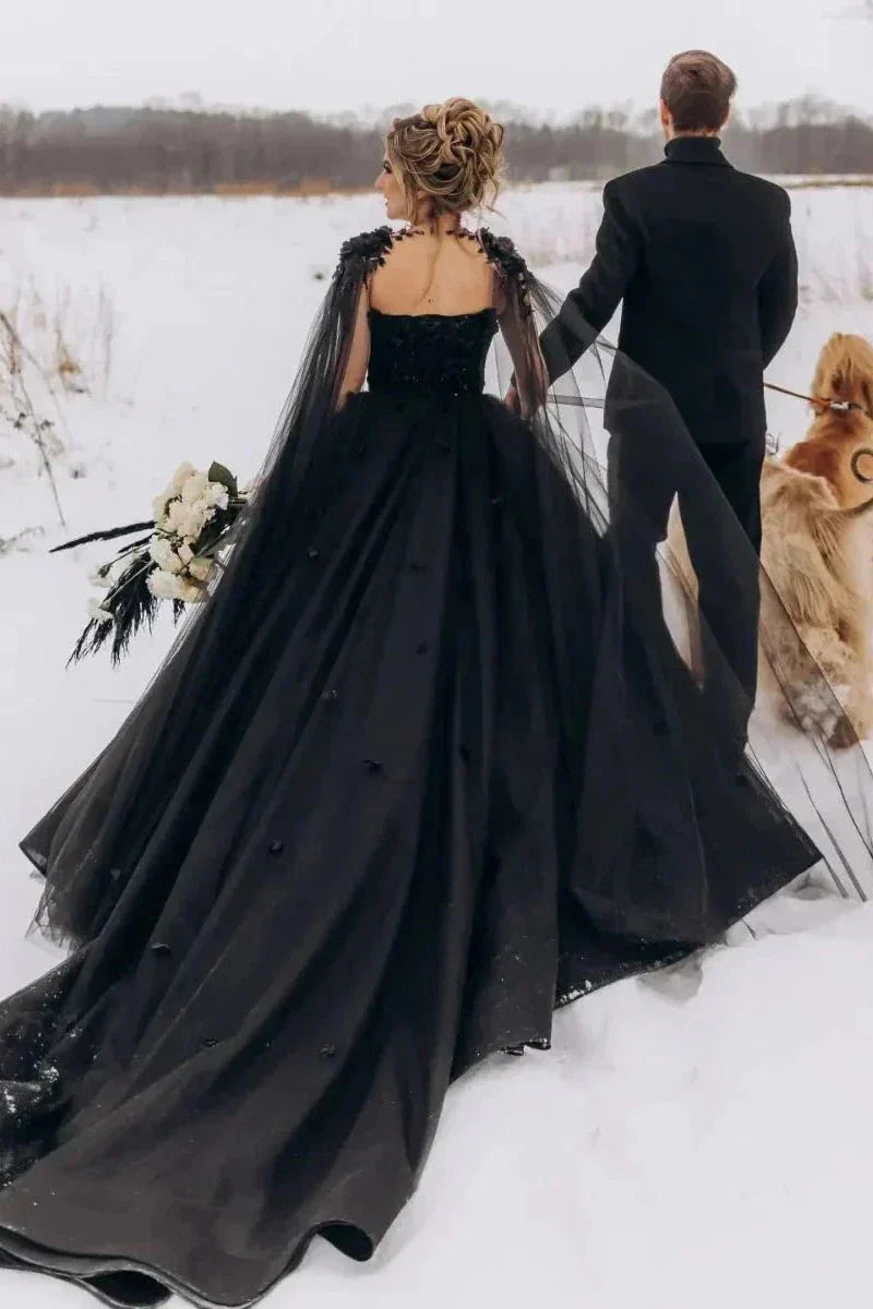 Gown Black Gothic Wedding Dress 3D Flowers Tulle With Cape