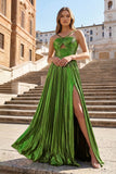 Metallic Keyhole Spaghetti Strap Long Prom Dress with Slit