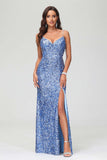 Bodycon Pailletten Bodenlang Abendkleid mit Schlitz Abschlussball Partykleider