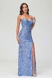 Bodycon Pailletten Bodenlang Abendkleid mit Schlitz Abschlussball Partykleider