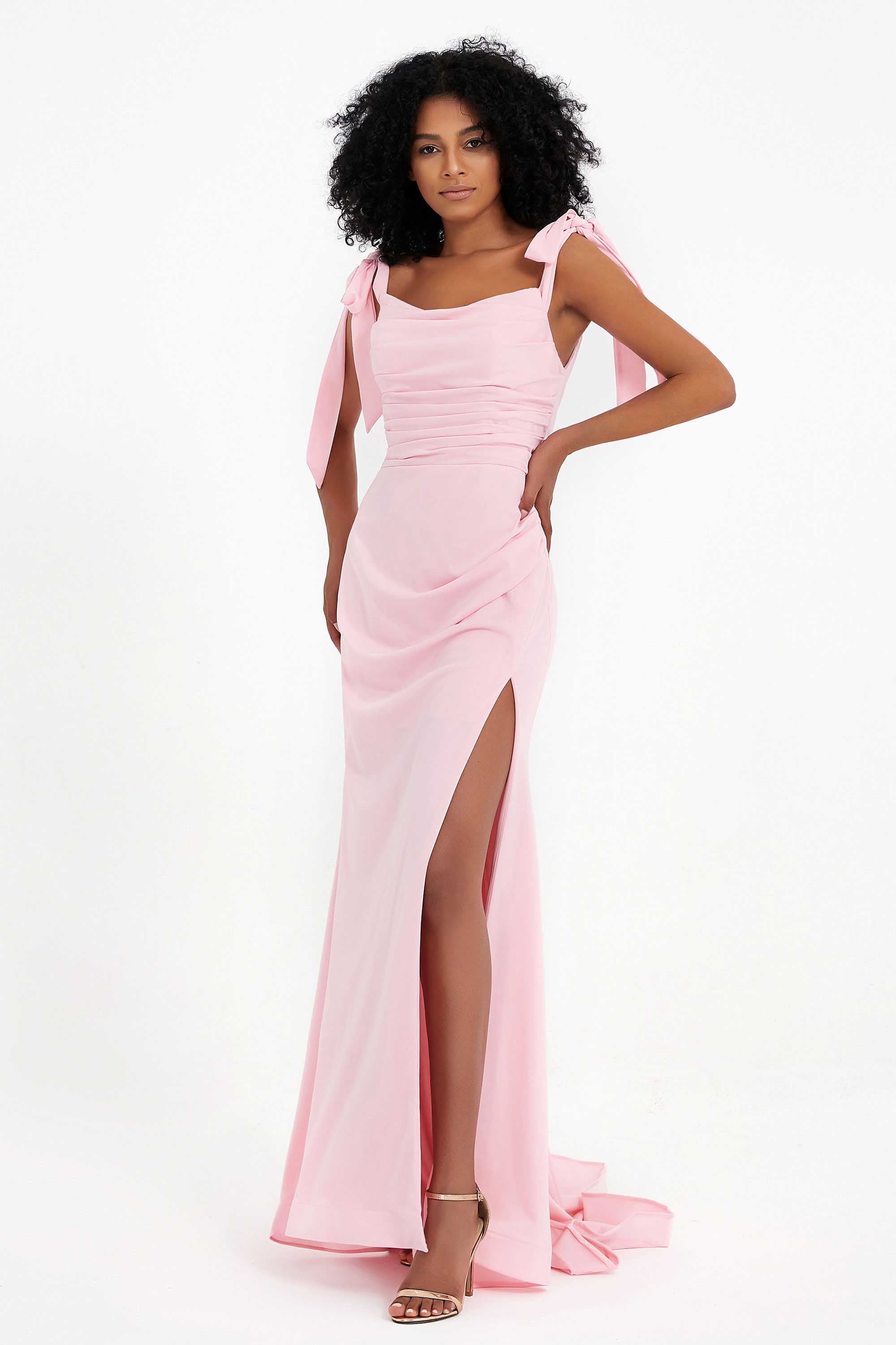 Square Neckline Bow-Tied Strap Slit Floor-Length Formal Evening Dress Prom Party Gowns
