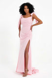 Square Neckline Bow-Tied Strap Slit Floor-Length Formal Evening Dress Prom Party Gowns