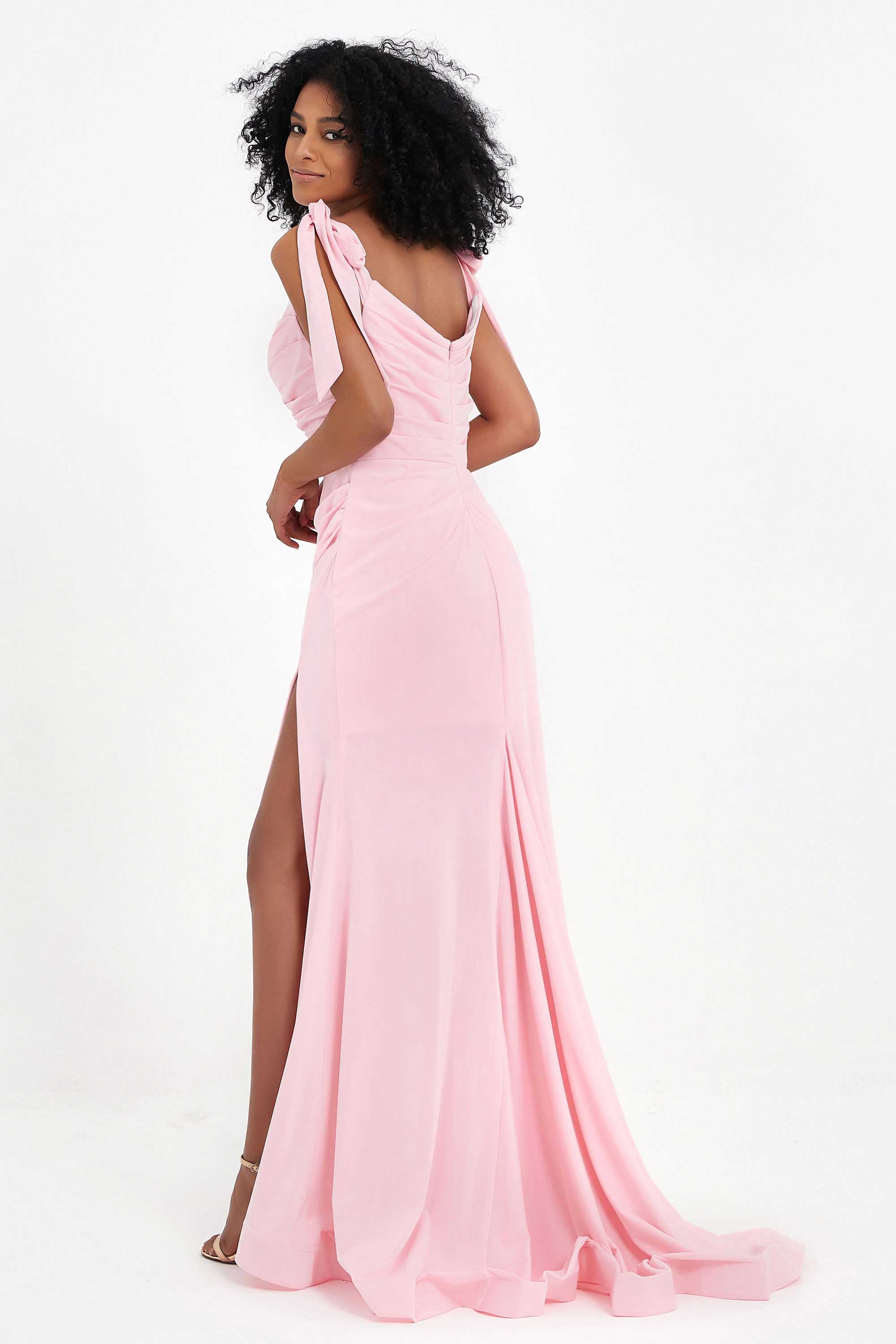 Square Neckline Bow-Tied Strap Slit Floor-Length Formal Evening Dress Prom Party Gowns