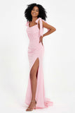 Square Neckline Bow-Tied Strap Slit Floor-Length Formal Evening Dress Prom Party Gowns
