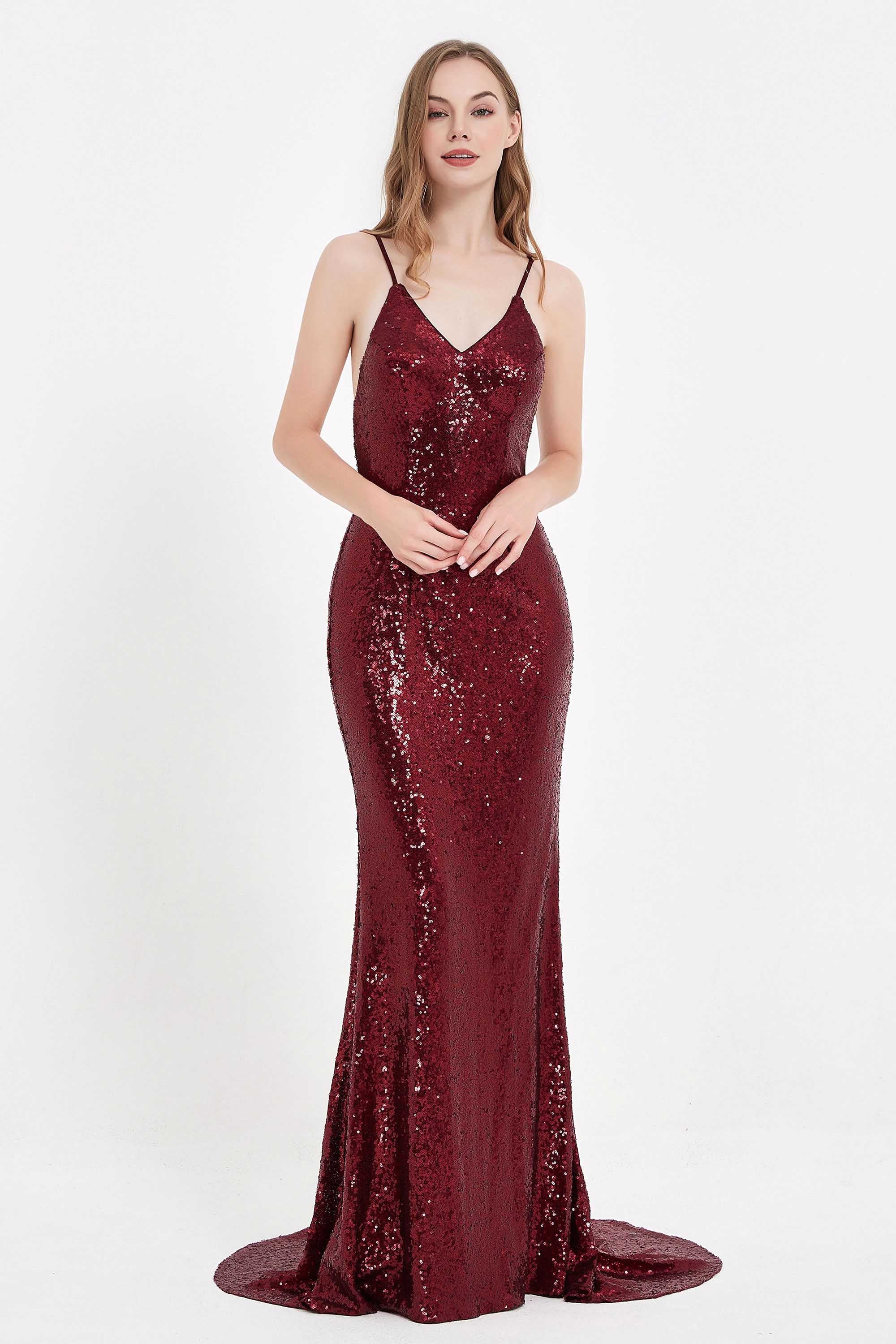 V Neck Lace up Back Bodycon Sequin Evening Dress Sexy Mermaid Formal Prom Party Dresses