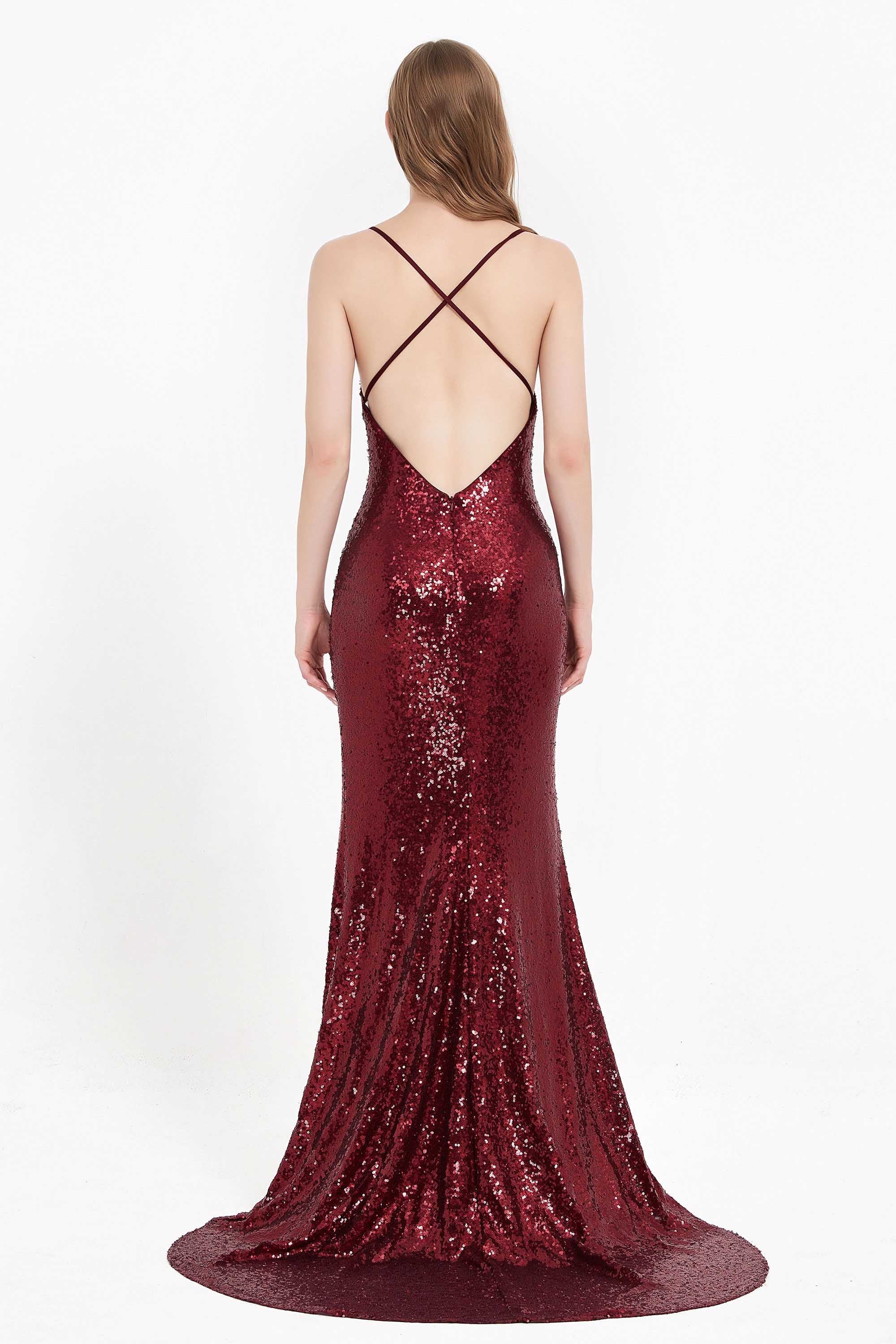 V Neck Lace up Back Bodycon Sequin Evening Dress Sexy Mermaid Formal Prom Party Dresses