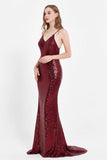 V Neck Lace up Back Bodycon Sequin Evening Dress Sexy Mermaid Formal Prom Party Dresses