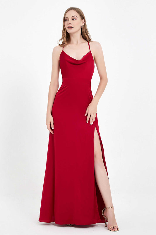 Wasserfallausschnitt, Schnürung am Rücken, Schlitz, Satin, Maxikleid, formelles Abendkleid, Abschlussball, Partykleid