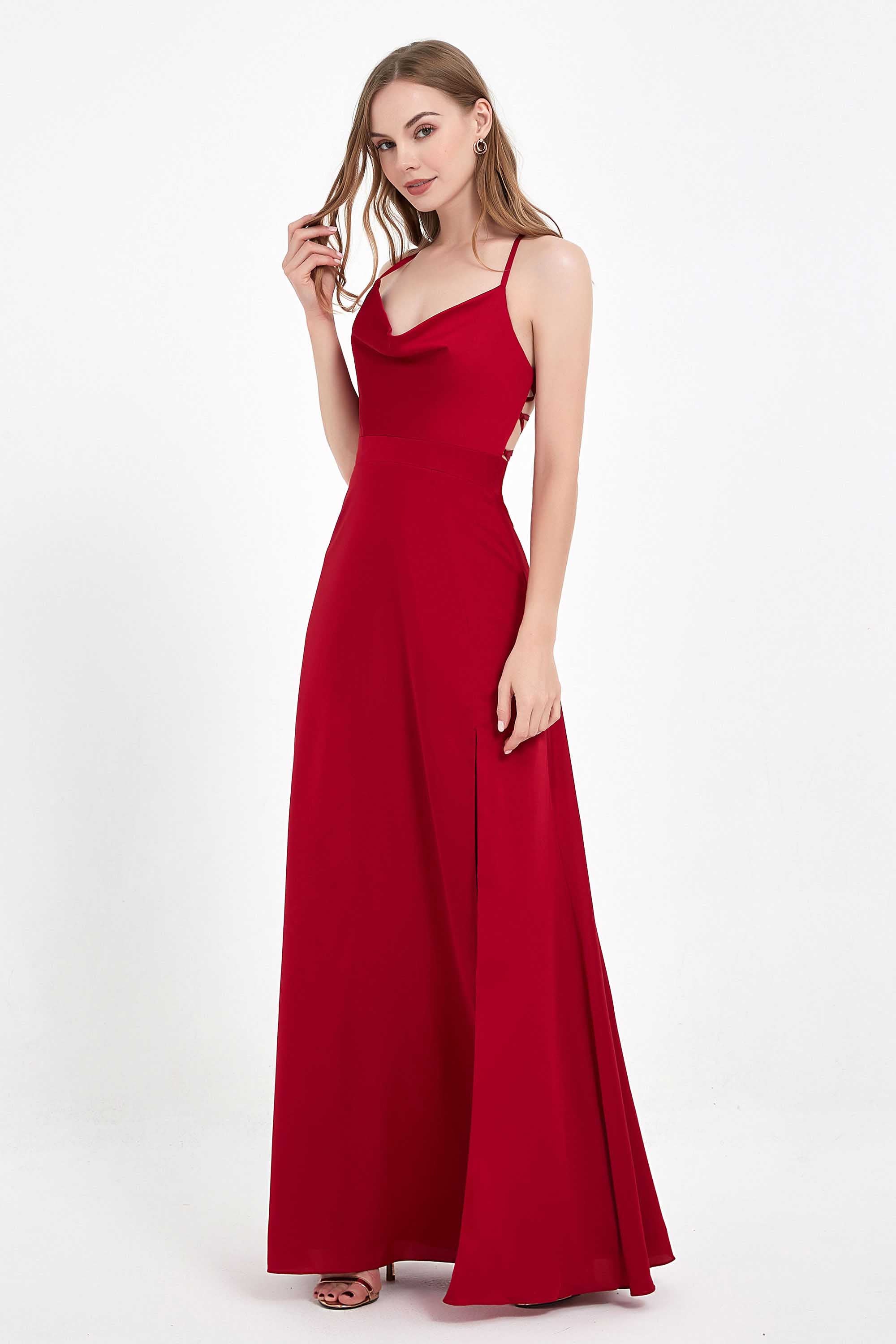 Wasserfallausschnitt, Schnürung am Rücken, Schlitz, Satin, Maxikleid, formelles Abendkleid, Abschlussball, Partykleid