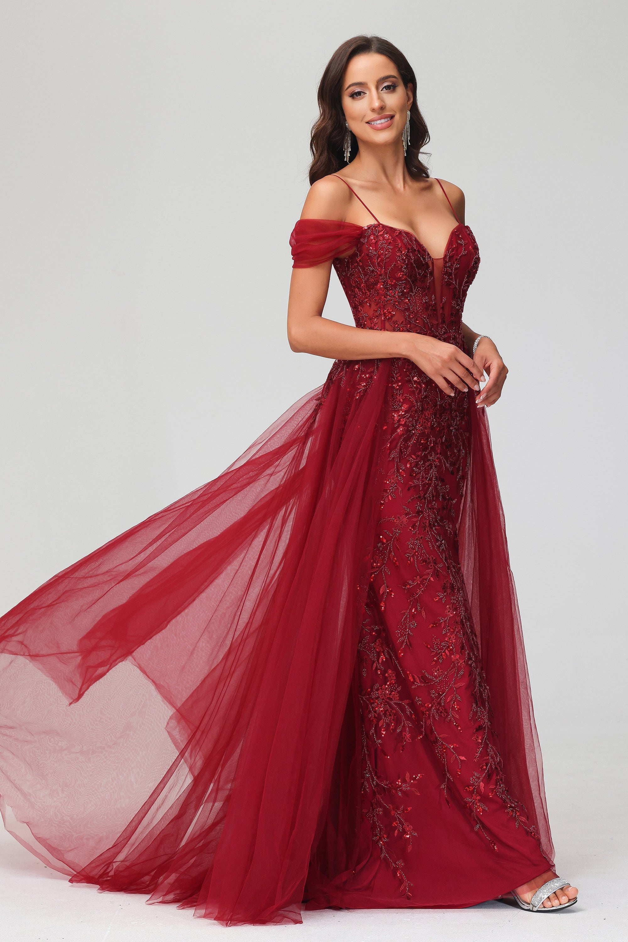 Schulterfrei A-Linie Tüll Abendkleid Ballkleid Partykleid