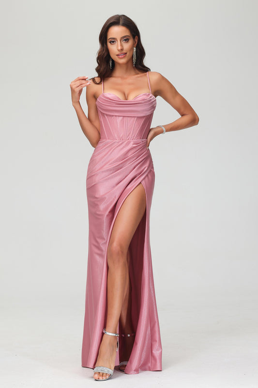 Sheath Spaghetti Straps Glitter Floor Length Mermaid Formal Evening Dress With Slit Prom Party Gowwns