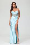 Pleated High Slit Satin Prom Party Dress Formal Evening Dresses Sheath Pleated Rhinestone