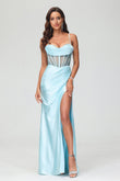 Spaghetti Straps See-through Pleated High Slit Satin Maxi Formal Evening Dress Prom Party Gowns
