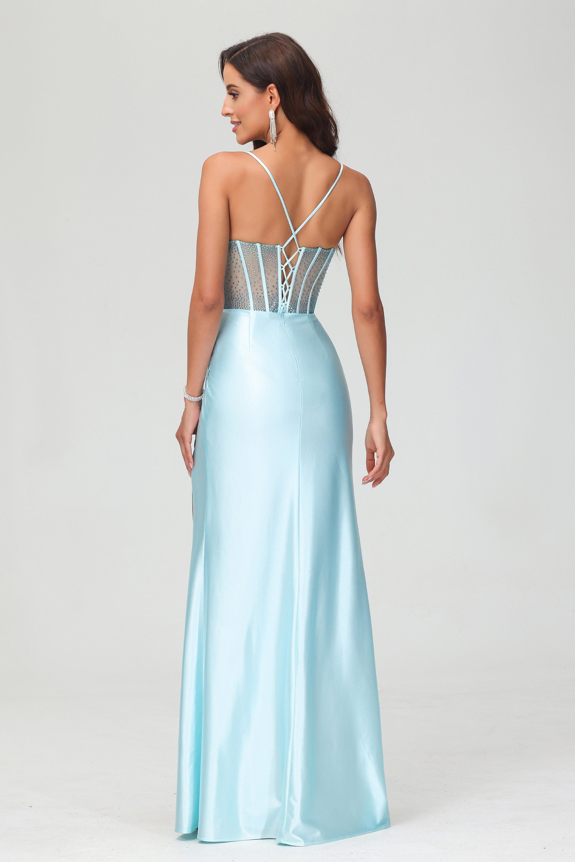 Pleated High Slit Satin Prom Party Dress Formal Evening Dresses Sheath Pleated Rhinestone