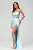 Pleated High Slit Satin Prom Party Dress Formal Evening Dresses Sheath Pleated Rhinestone
