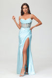 Pleated High Slit Satin Prom Party Dress Formal Evening Dresses Sheath Pleated Rhinestone