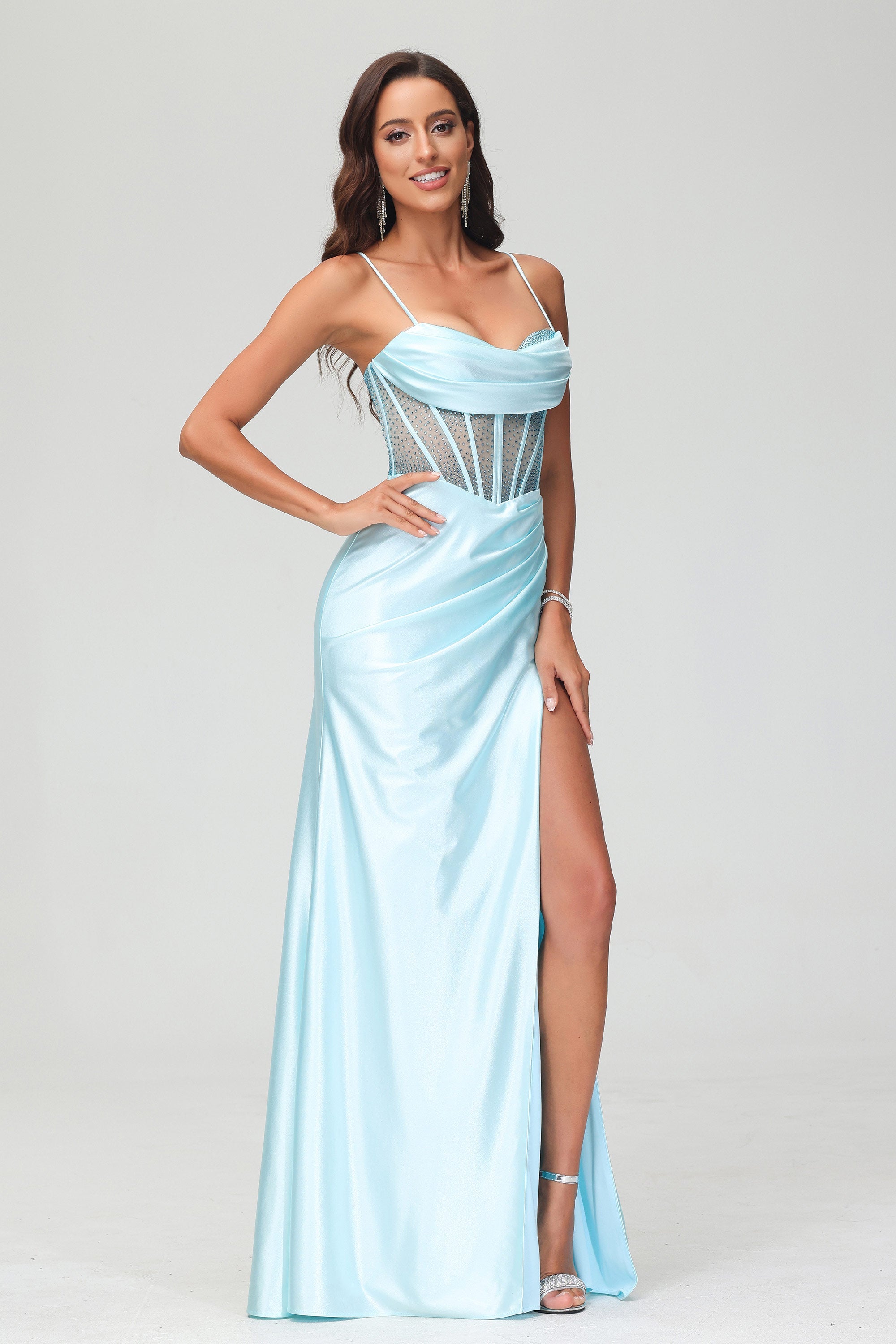 Pleated High Slit Satin Prom Party Dress Formal Evening Dresses Sheath Pleated Rhinestone