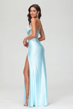 Pleated High Slit Satin Prom Party Dress Formal Evening Dresses Sheath Pleated Rhinestone