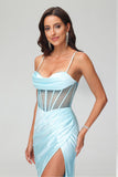 Pleated High Slit Satin Prom Party Dress Formal Evening Dresses Sheath Pleated Rhinestone