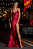 Pleated High Slit Satin Prom Party Dress Formal Evening Dresses Sheath Pleated Rhinestone
