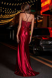 Pleated High Slit Satin Prom Party Dress Formal Evening Dresses Sheath Pleated Rhinestone