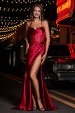 Pleated High Slit Satin Prom Party Dress Formal Evening Dresses Sheath Pleated Rhinestone