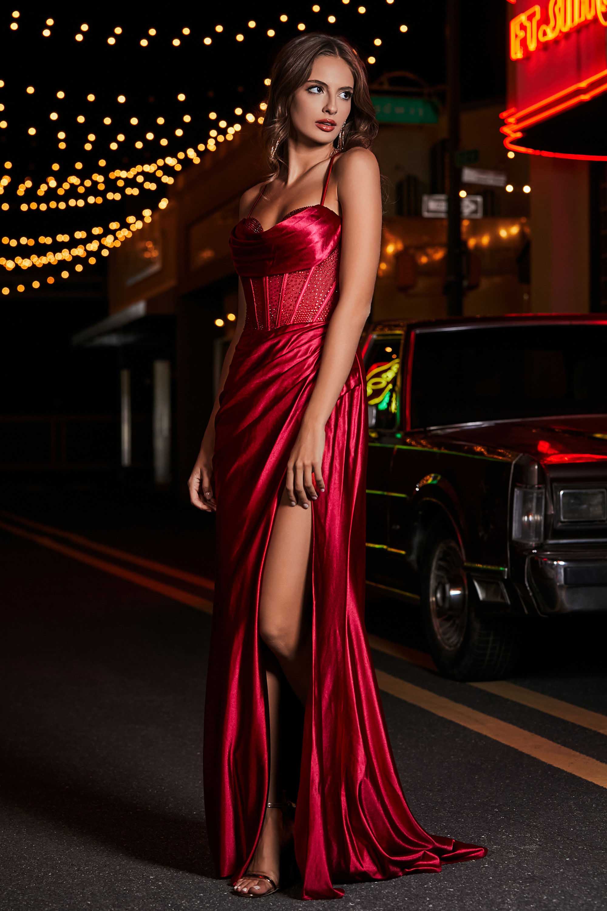 Pleated High Slit Satin Prom Party Dress Formal Evening Dresses Sheath Pleated Rhinestone