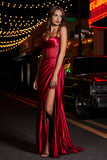 Pleated High Slit Satin Prom Party Dress Formal Evening Dresses Sheath Pleated Rhinestone