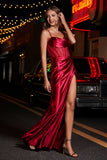 Pleated High Slit Satin Prom Party Dress Formal Evening Dresses Sheath Pleated Rhinestone