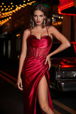 Pleated High Slit Satin Prom Party Dress Formal Evening Dresses Sheath Pleated Rhinestone