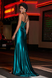 Pleated High Slit Satin Prom Party Dress Formal Evening Dresses Sheath Pleated Rhinestone