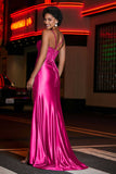 Pleated High Slit Satin Prom Party Dress Formal Evening Dresses Sheath Pleated Rhinestone