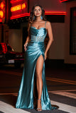 Pleated High Slit Satin Prom Party Dress Formal Evening Dresses Sheath Pleated Rhinestone