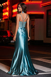 Pleated High Slit Satin Prom Party Dress Formal Evening Dresses Sheath Pleated Rhinestone