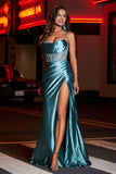 Pleated High Slit Satin Prom Party Dress Formal Evening Dresses Sheath Pleated Rhinestone