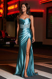 Pleated High Slit Satin Prom Party Dress Formal Evening Dresses Sheath Pleated Rhinestone