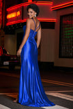 Pleated High Slit Satin Prom Party Dress Formal Evening Dresses Sheath Pleated Rhinestone