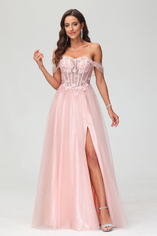 Schulterfreies, bodenlanges Prinzessinnen-Ballkleid mit Applikationen und Schlitz aus Tüll, formelle Abendkleider