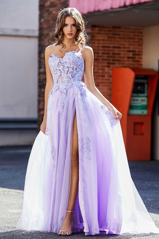 Spaghetti Straps Applique Empire Waist A-Line Tulle Maxi Prom Party Dress Formal Evening Gowns